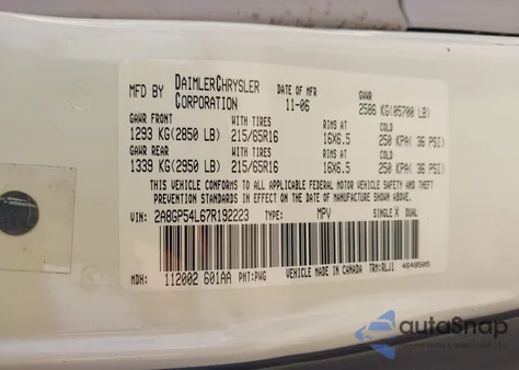 2007 Chrysler Town & Country Touring z USA, uszkodzony, nr VIN 2A8GP54L67R192223